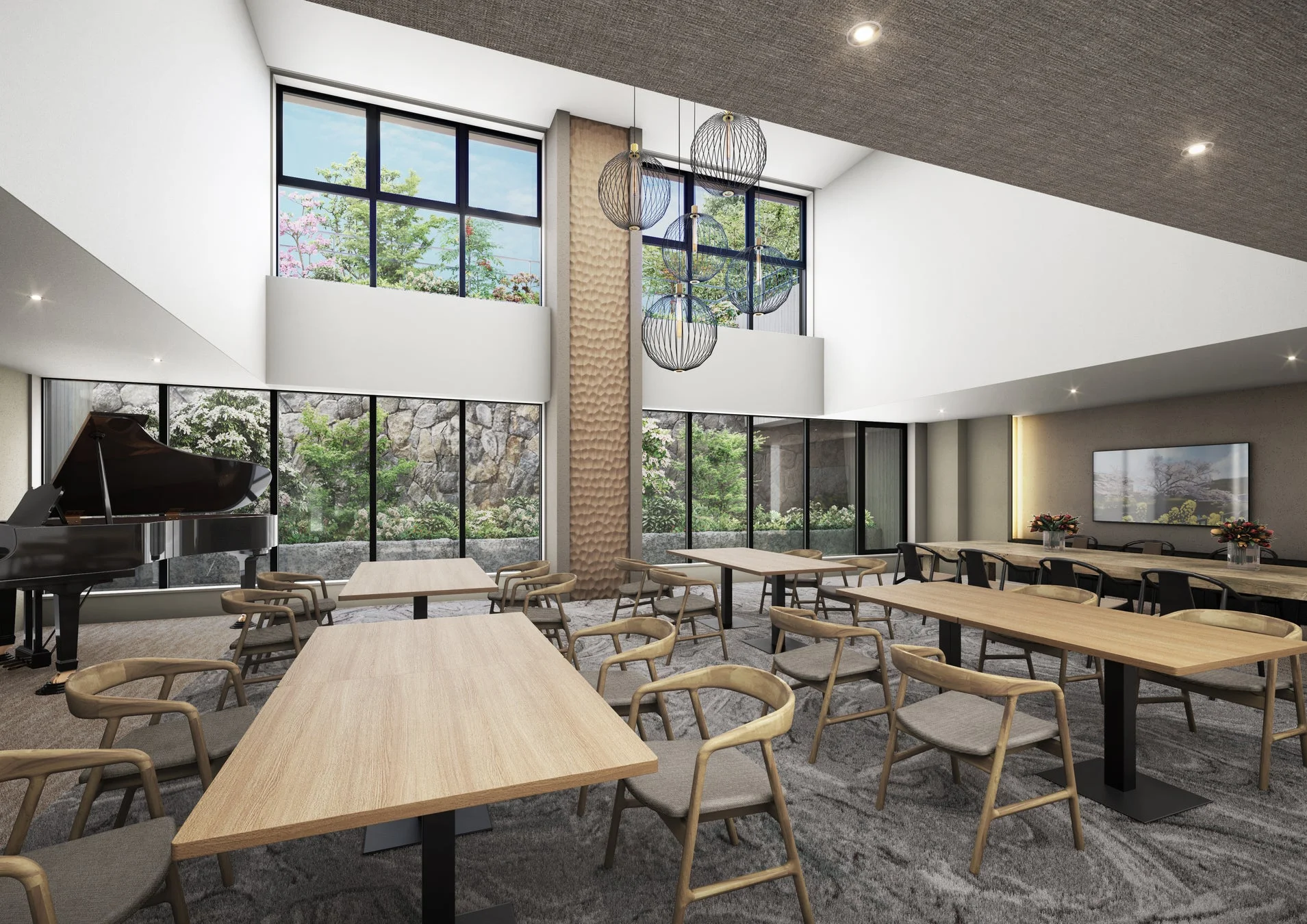 グランドピアノが置かれた開放感のあるラウンジ