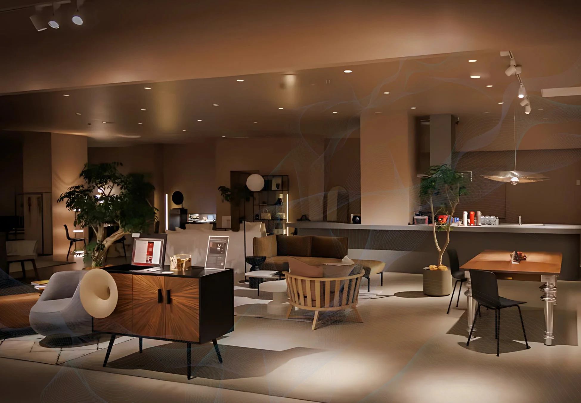 温かみのある照明に照らされた、広々としたモダンなインテリア空間