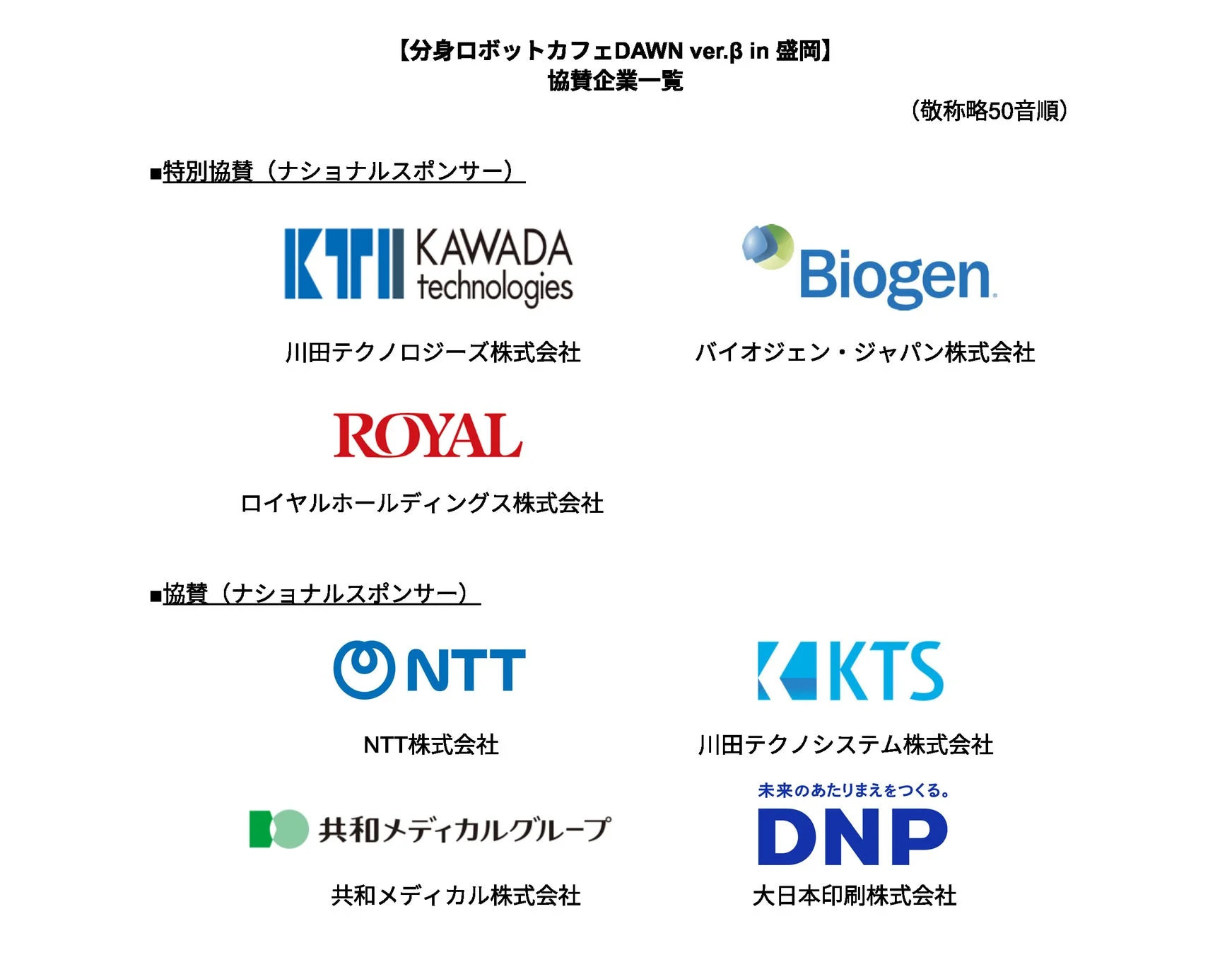 分身ロボットカフェDAWN ver.β in 盛岡の協賛企業一覧が示された画像です。