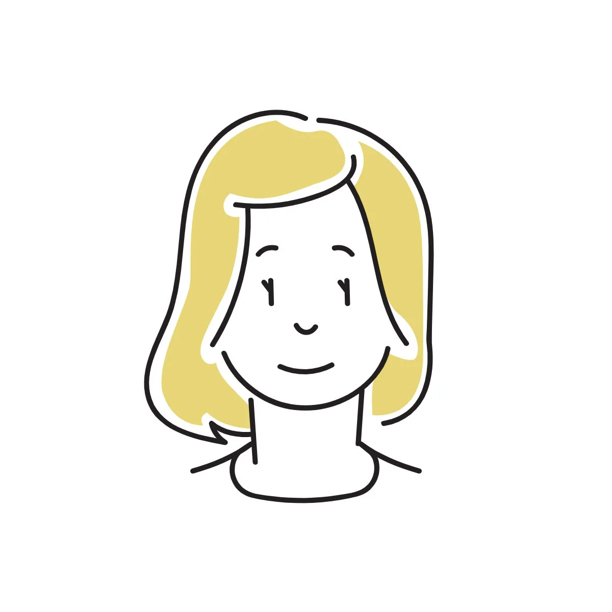 ブロンドのショートヘアの女性の顔を、シンプルな線画と黄色い色で描いたイラストです。笑顔のような表情をしています。