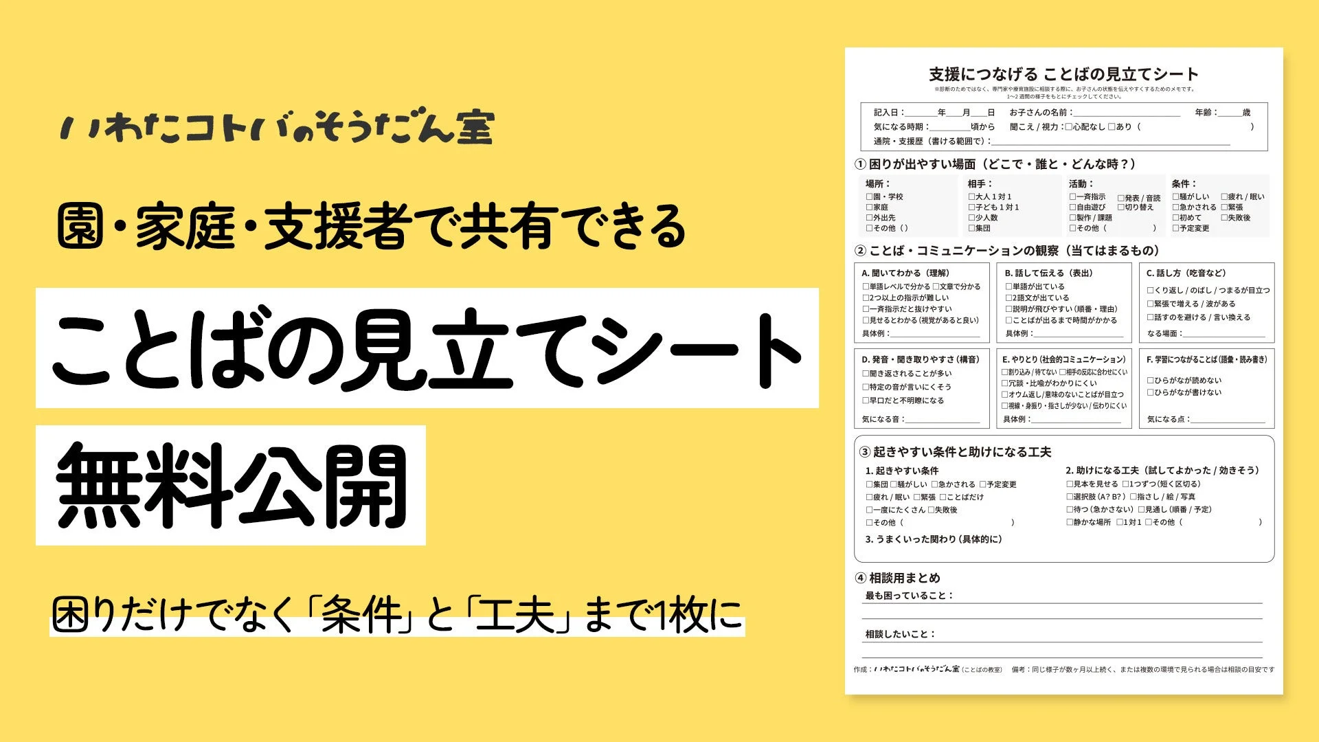 言語聴覚士が作成した「支援につなげる ことばの見立てシート」のイメージ