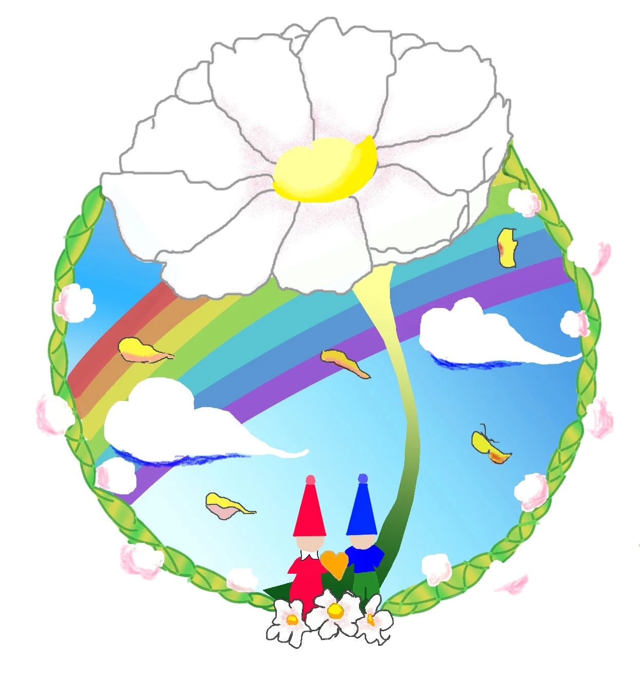 大きな白い花の下で寄り添う赤と青の小人が描かれたイラスト