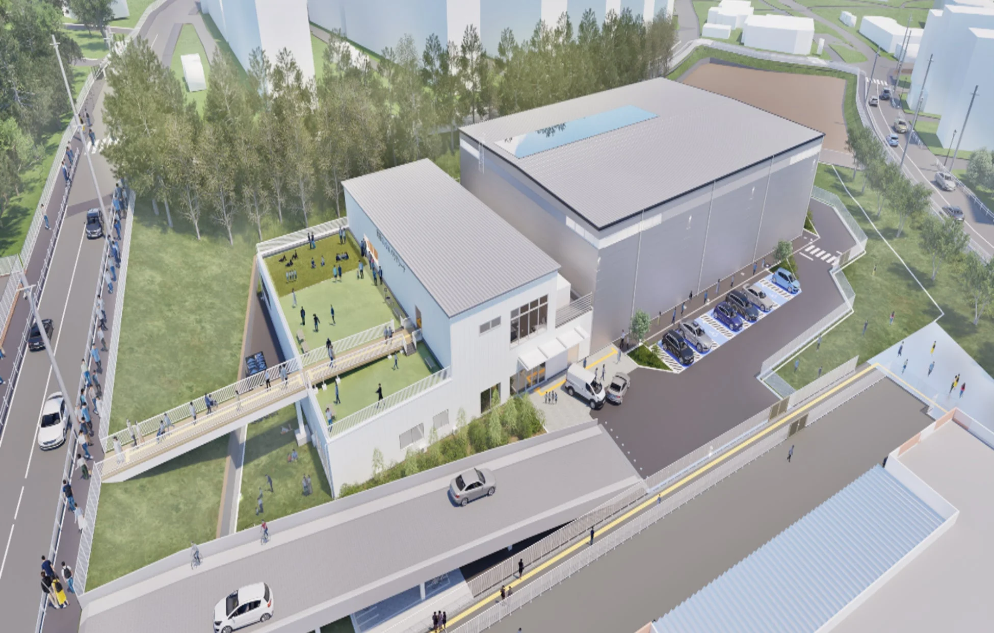 地域ふれあいセンターのような施設を含む都市開発の完成予想図