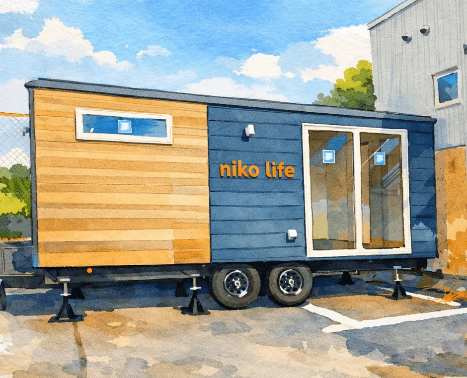 水彩画のようなタッチで描かれた、木目調と青い壁が特徴的なタイニーハウス（トレーラーハウス）