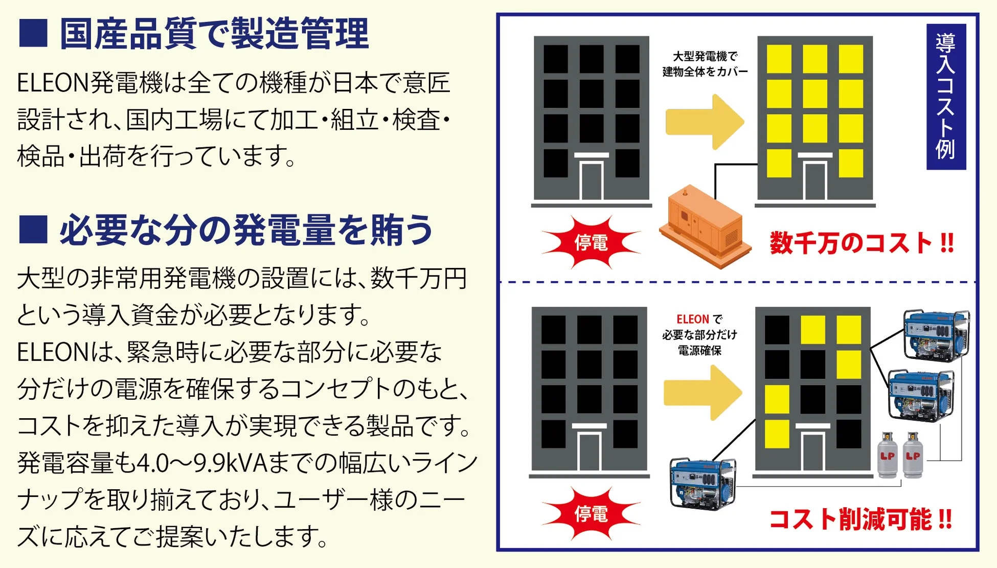 ELEON発電機の国産品質とコスト削減のメリット