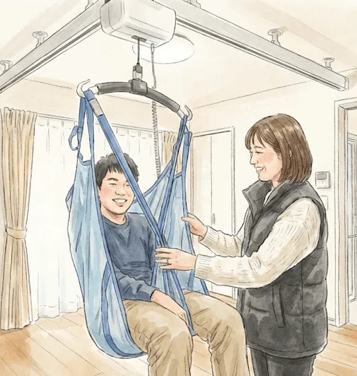 天井走行リフトとスリングを使って移動介助を受けている男性と、それをサポートする女性のイラスト