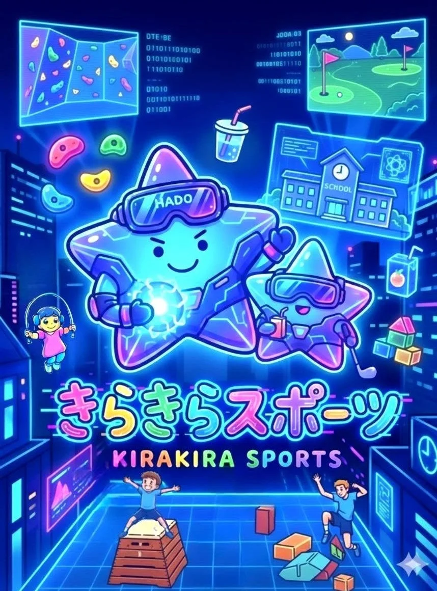 VRゴーグルをつけた星のキャラクターたちが、デジタル空間で様々なスポーツを楽しむ様子を描いたイラスト。