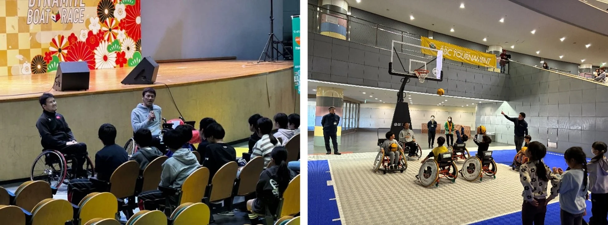 車いすバスケ体験会の様子、講演とミニゲーム