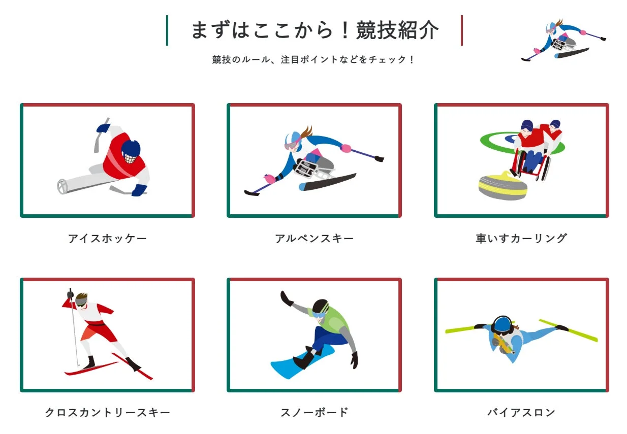 この画像は、冬季スポーツの競技紹介イラストです。アイスホッケー、アルペンスキー、車いすカーリング、クロスカントリースキー、スノーボード、バイアスロンの6種目が描かれており、それぞれのルールや注目ポイントをチェックするよう促しています。