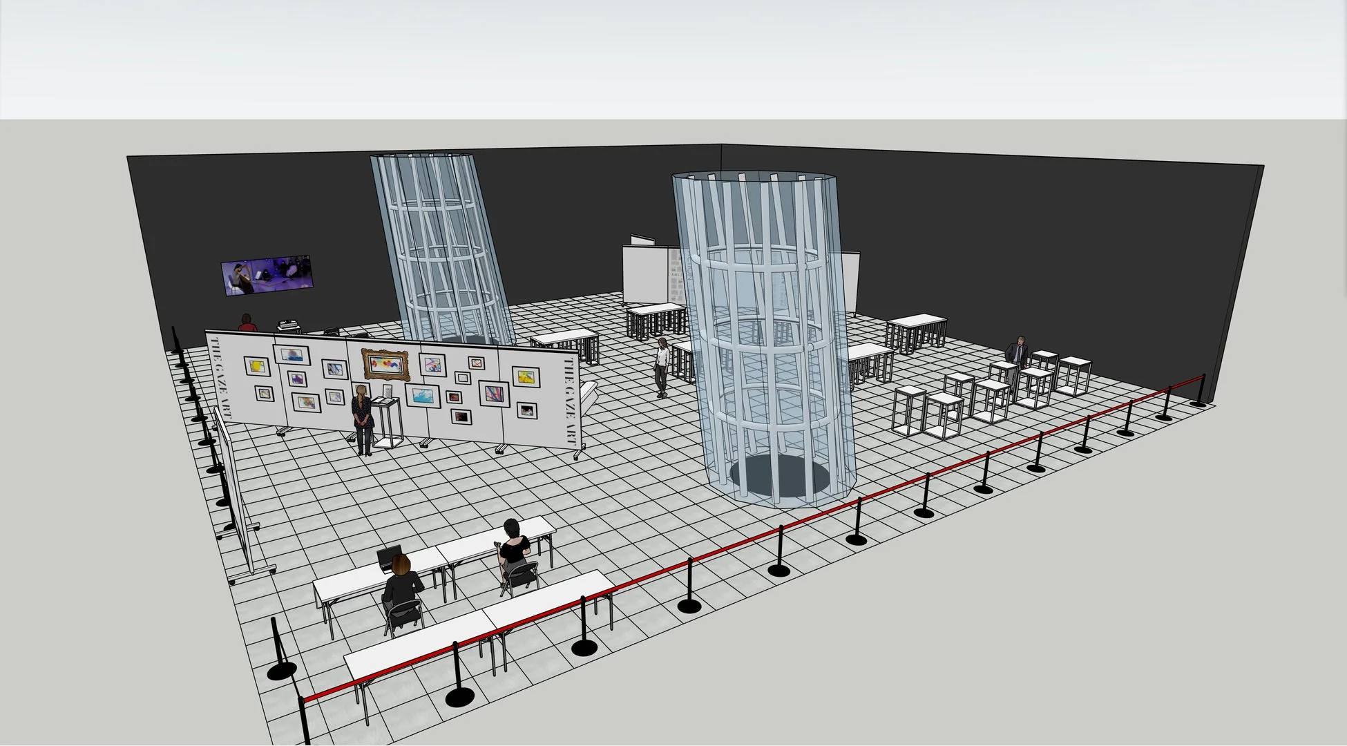 3Dレンダリングされたモダンな展示会場の俯瞰図です。アート作品が並ぶ壁、透明な円筒形のオブジェ、多数のテーブルと椅子が配置され、数人の人物が見られます。