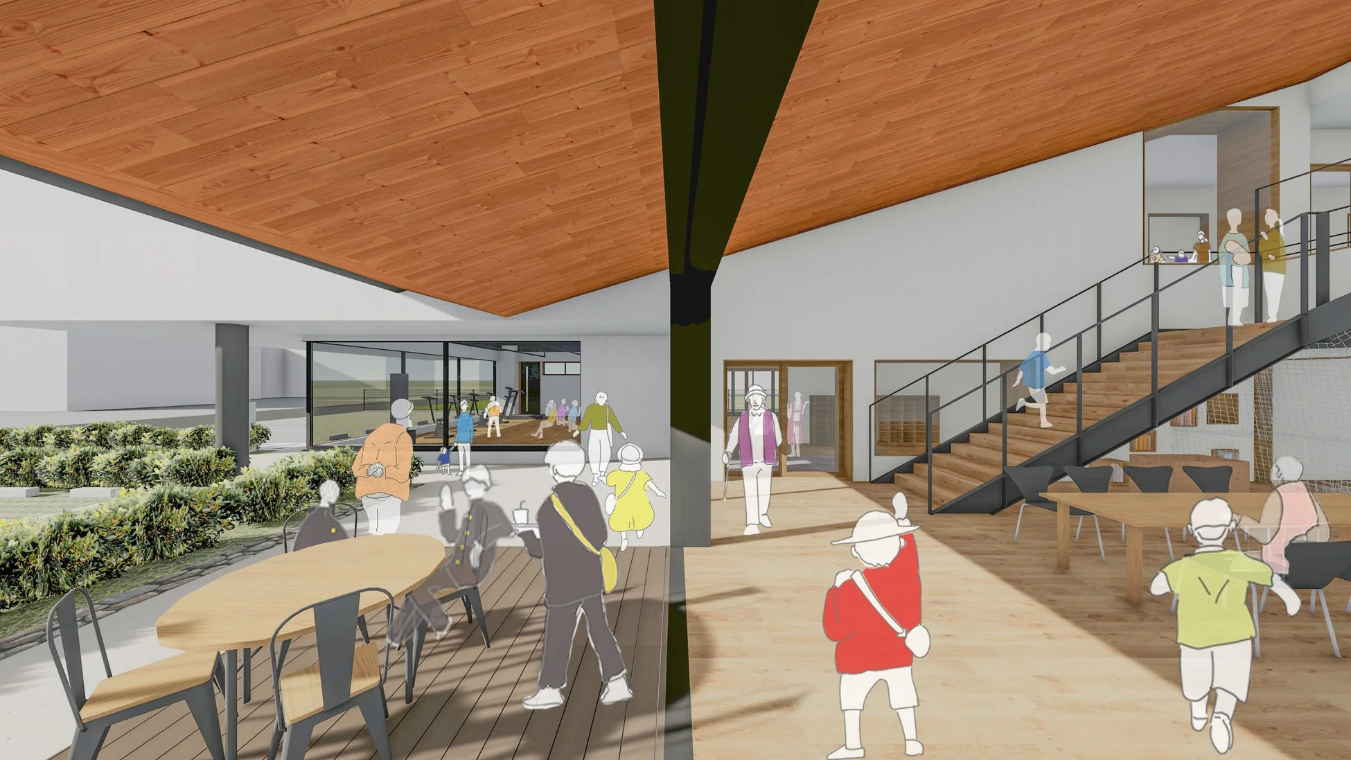 明るくモダンなコミュニティ施設の建築レンダリング。屋外ウッドデッキと屋内の広々とした空間があり、階段やカフェエリア、ジム（窓越し）が見える。子供から大人まで多様な人々が交流する様子が描かれている。