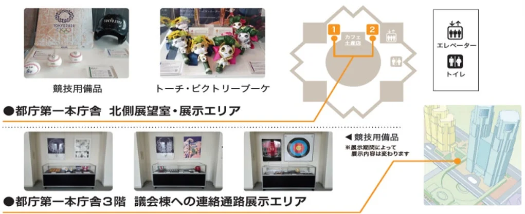 都庁第一本庁舎北側展望室・議会棟への連絡通路展示エリアの案内図