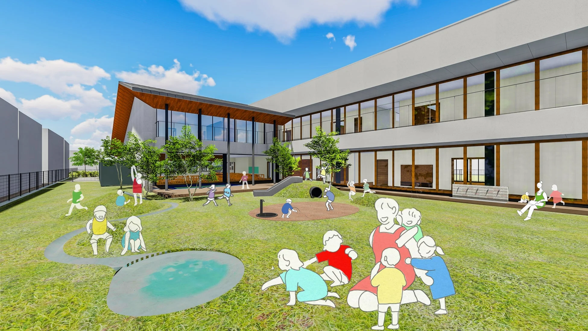 現代的なデザインの建物に囲まれた広い芝生の園庭で、多くの子どもたちが遊具や水辺で楽しそうに過ごしている様子。保育園や幼稚園のイメージ。
