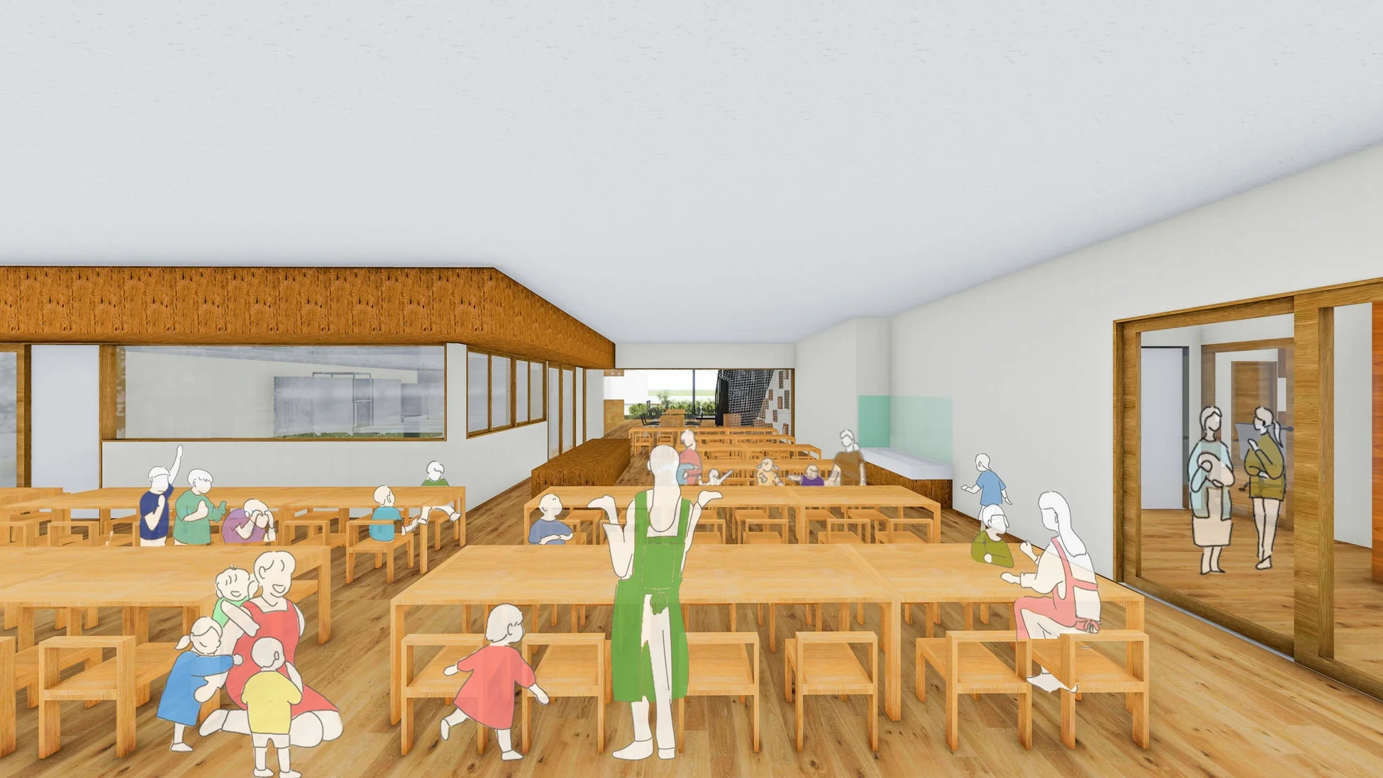 木製のテーブルと椅子が並ぶ広々とした室内で、多くの子供たちと数人の大人が過ごしている様子を描いたイラスト。幼稚園や保育園のような教育施設の空間デザイン案と見られる。