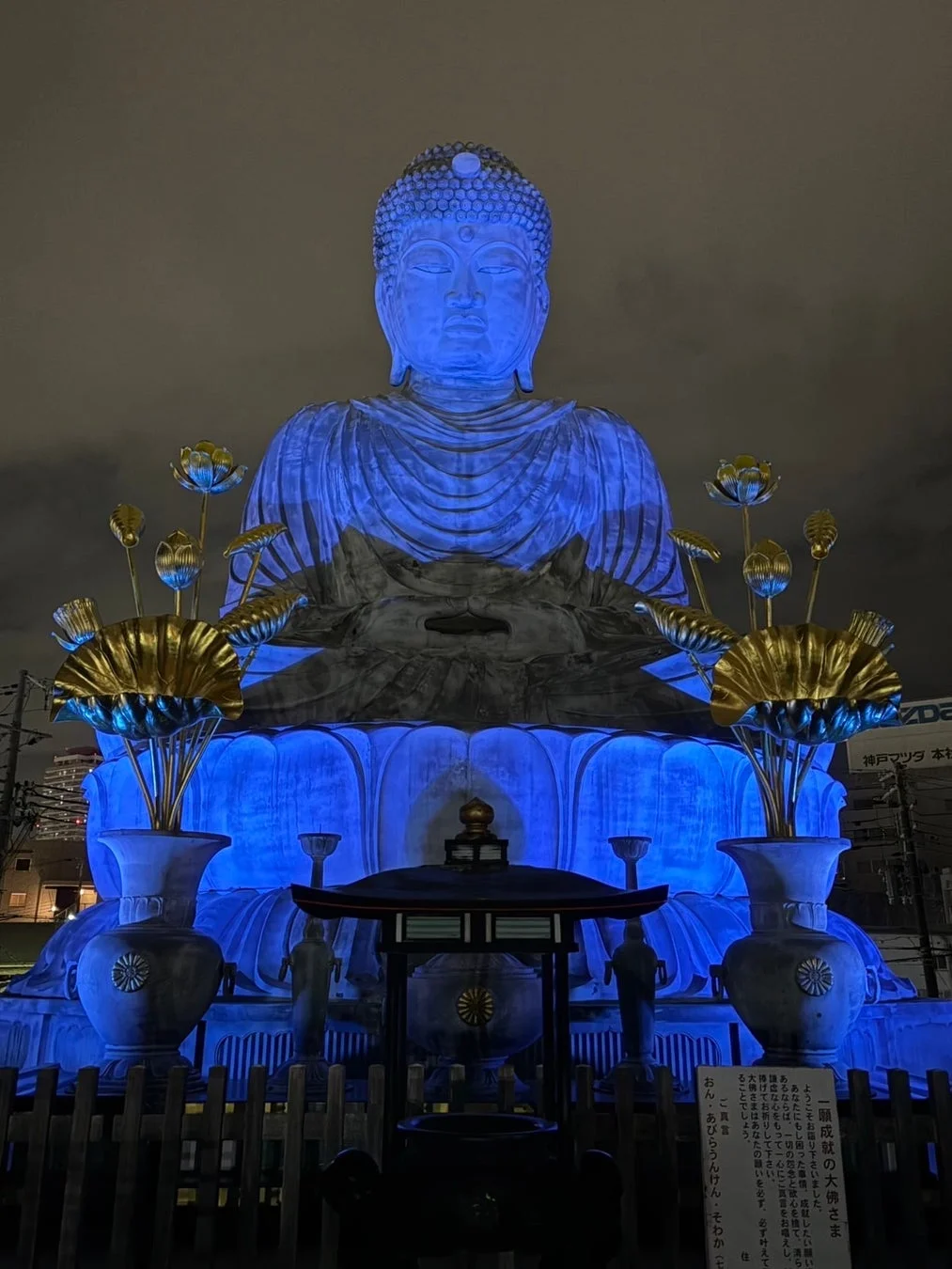 青くライトアップされた神戸大仏