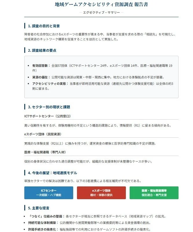 地域ゲームアクセシビリティ資源調査 報告書 エグゼクティブ・サマリー