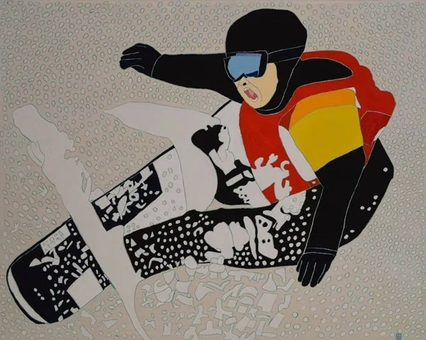 ヘルメットとゴーグルを着用したスノーボーダーが滑走しているイラスト