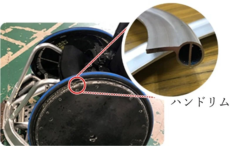 車椅子のハンドリムとその断面構造を拡大して示す画像です。