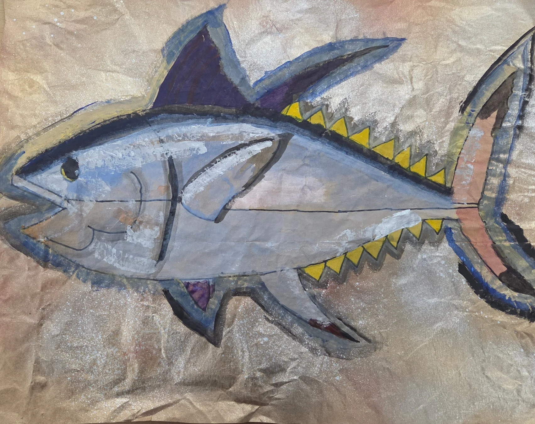 青とグレーを基調とした魚の絵画です
