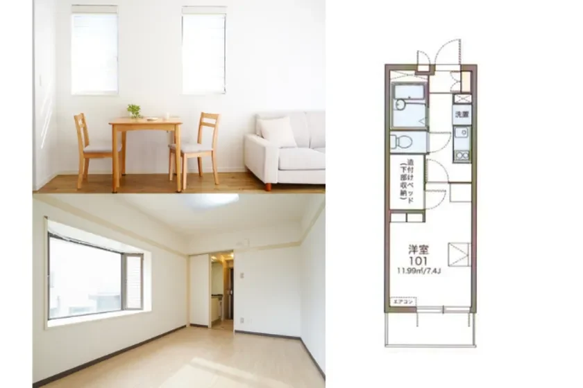 完全個室の1Kタイプの間取り図と室内