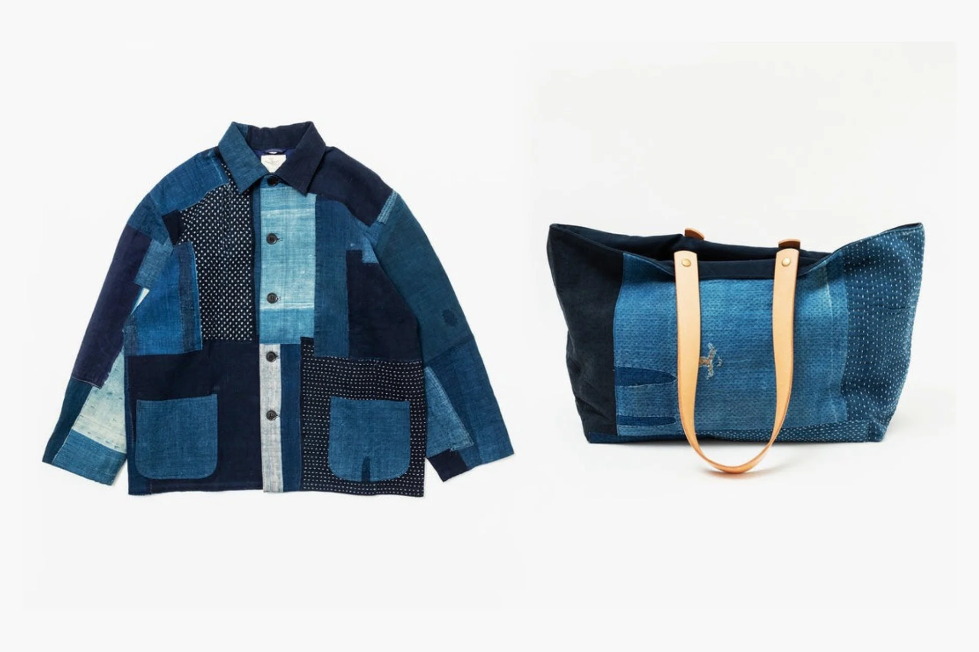 藍染めパッチワークのジャケットとトートバッグ