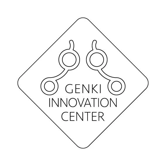 GENKI INNOVATION CENTERの文字が書かれた白黒のロゴです。角の丸いひし形の中に文字が配置され、上部には回路や分子構造を思わせる連結された円形のグラフィックがあります。イノベーションや繋がりを象徴するデザインです。