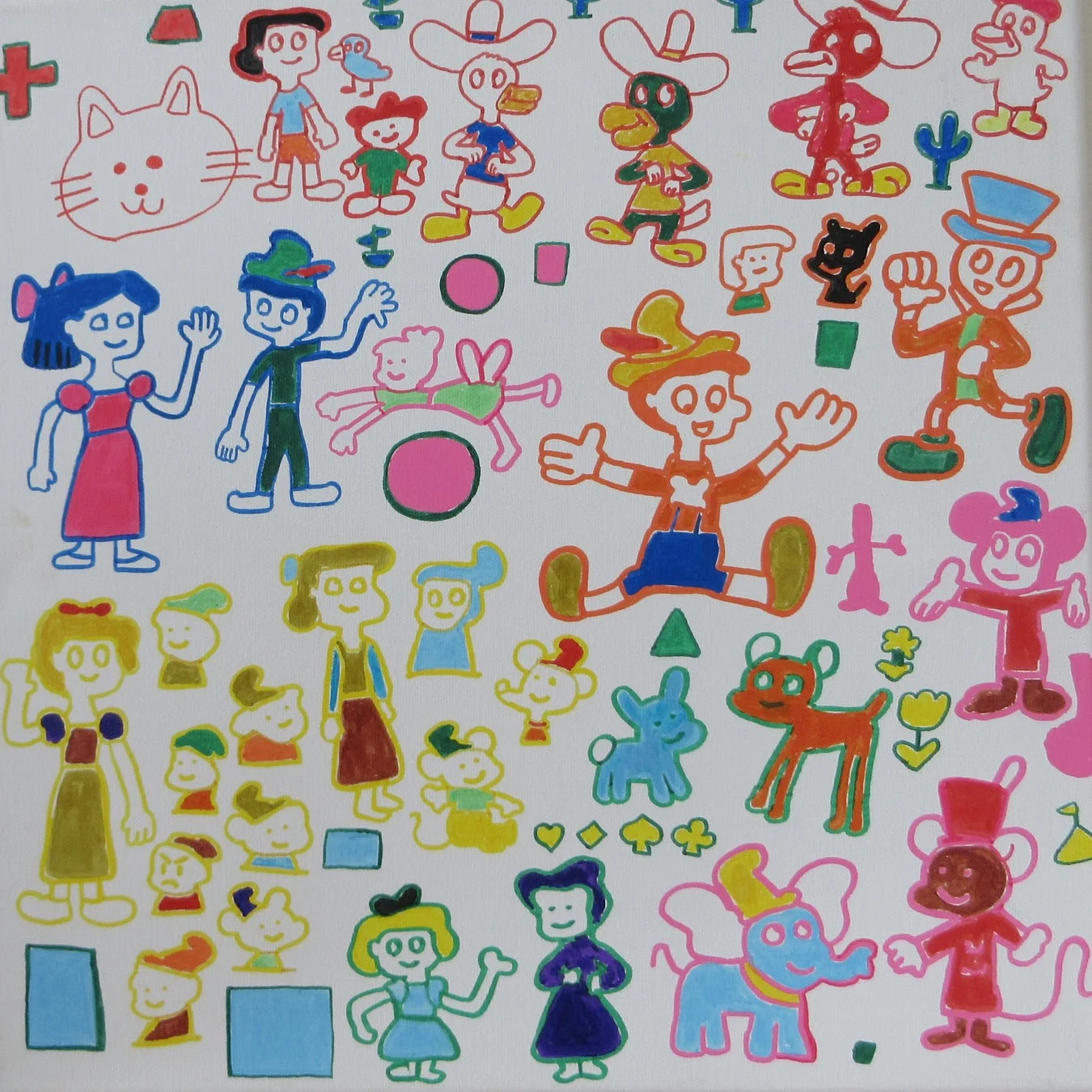 白いキャンバスいっぱいに、手描きされたカラフルなキャラクターが多数描かれています