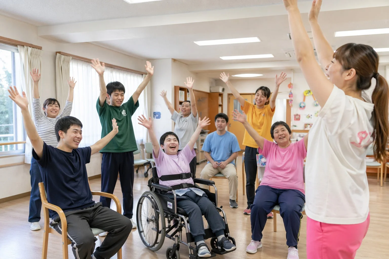 屋内施設で体操をする人々
