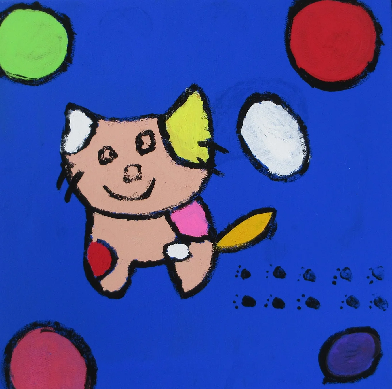 青い背景に、笑顔のカラフルな猫が描かれたポップな絵画