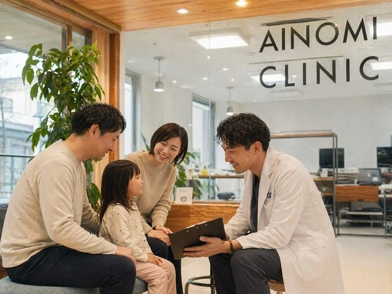 明るくモダンなクリニックで、父親、母親、幼い娘の家族が男性医師と面談しています。医師は白衣を着てカルテを持ち、家族に説明をしており、家族は熱心に耳を傾け笑顔を見せています。