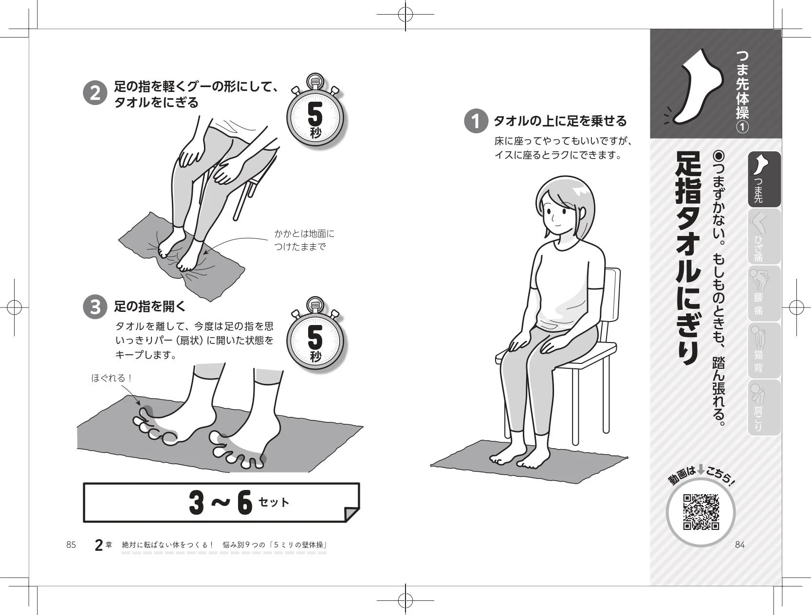 つま先体操 ① 足指タオルにぎり つまずかない。もしものときも、踏ん張れる。つま先 ひざ痛 腰痛 猫背 肩こり ① タオルの上に足を乗せる 床に座ってやってもいいですが、イスに座るとラクにできます。 ② 足の指を軽くグーの形にして、タオルをにぎる 5秒 かかとは地面につけたままで ③ 足の指を開く タオルを離して、今度は足の指を思いっきりパー(扇状)に開いた状態をキープします。 5秒 ほぐれる! 3〜6 セット 動画はこちら! 85 2章 絶対に転ばない体をつくる! 悩み別9つの「5ミリの壁体操」 84