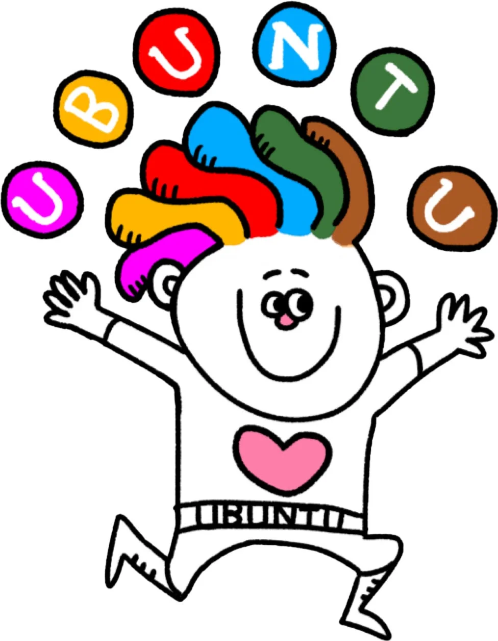 カラフルな髪の毛を持つ漫画のキャラクターがジャンプしているNPO法人UBUNTUのロゴ