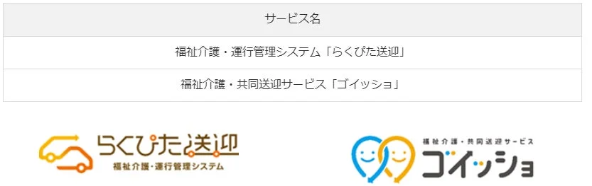 福祉介護・送迎関連のサービス名とロゴが示されています。「らくぴた送迎」という運行管理システムと、「ゴイッショ」という共同送迎サービスが紹介されており、それぞれの特徴的なロゴも掲載されています。