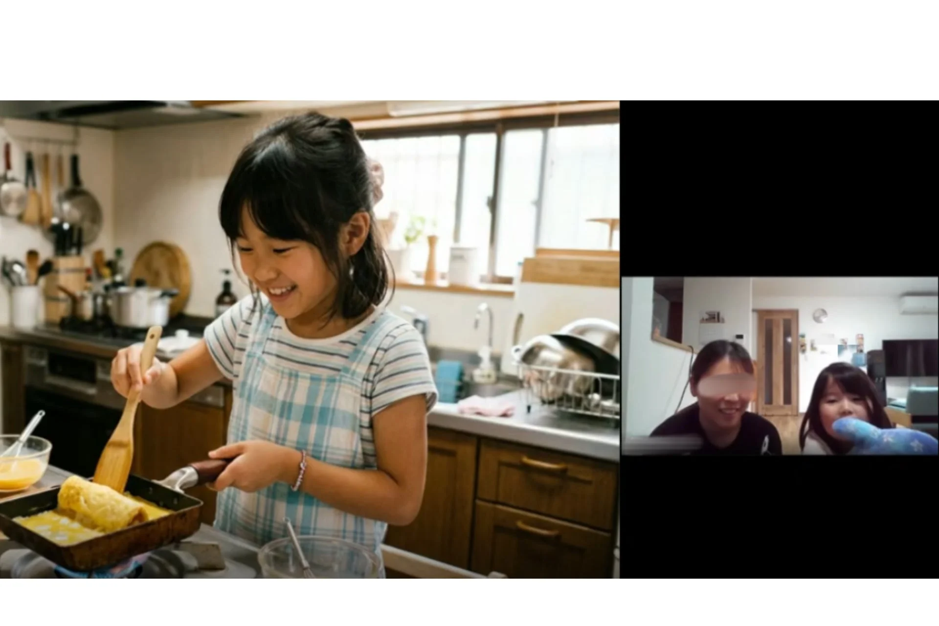 料理、子供、キッチン、笑顔、卵焼き、クッキング、オンライン、ビデオ通話、親子、家庭料理