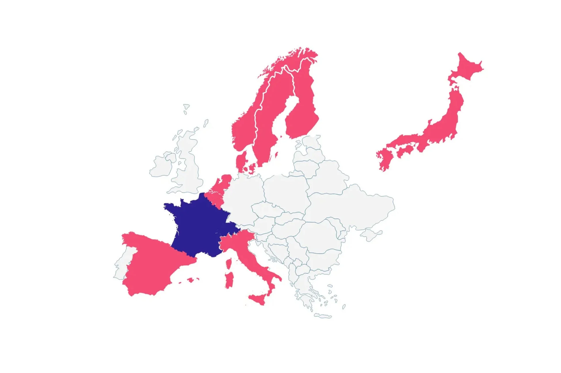 ヨーロッパと日本の一部地域が色分けされた地図です。フランスは濃い青色で、スペイン、ポルトガル、イタリア、北欧諸国、ベネルクス三国、そして日本はピンク色で表示されています。