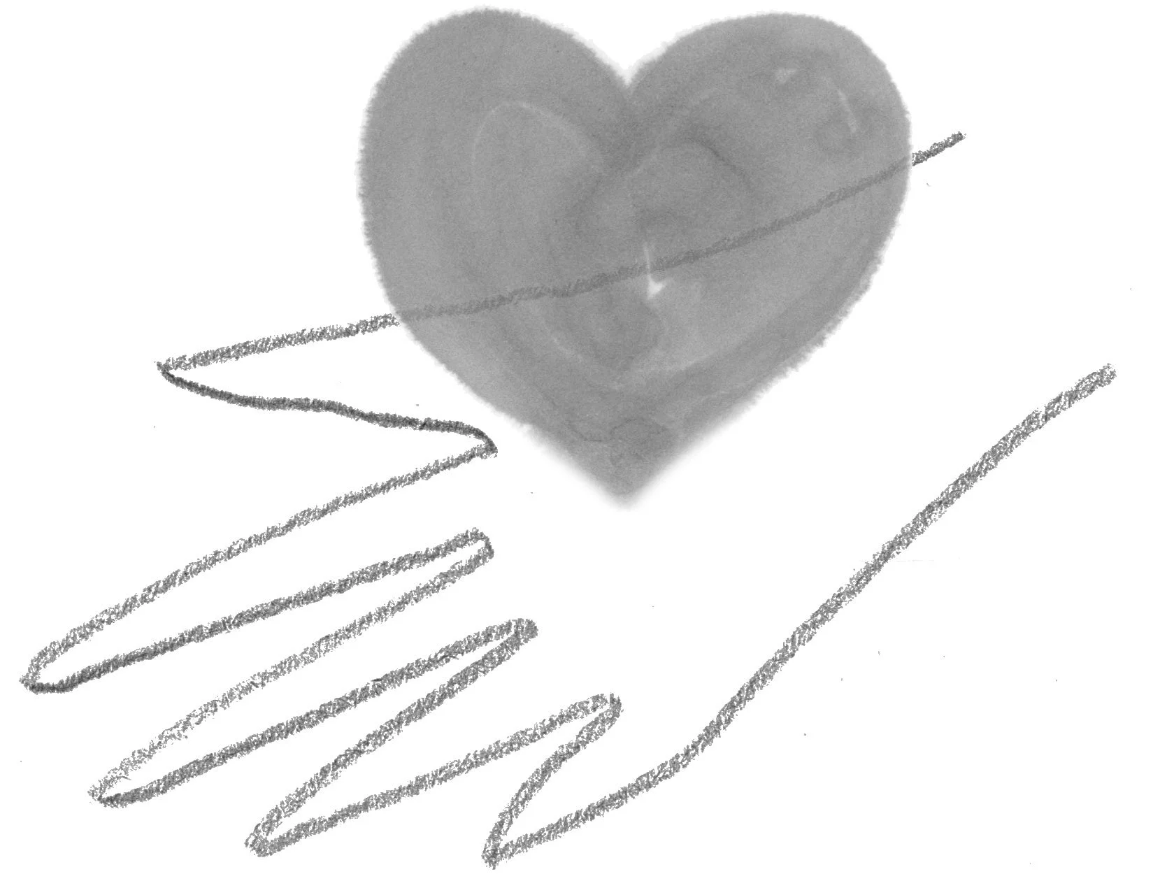 灰色で描かれたハートの形と、その周りに引かれた波打つような線が特徴的な、手書き風のシンプルな抽象イラストです。
