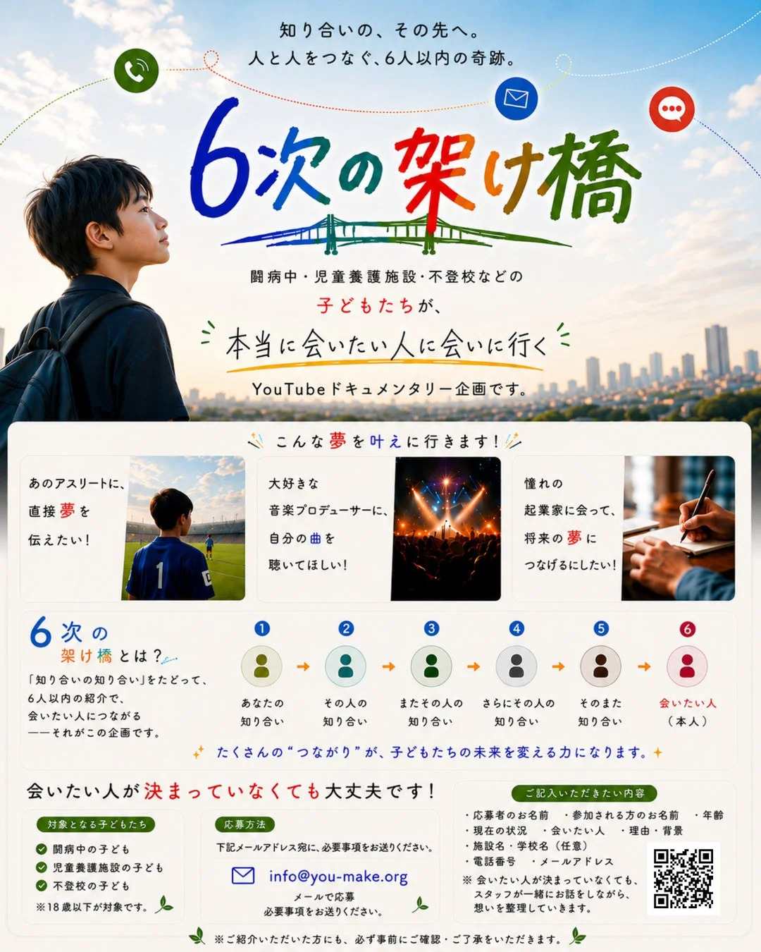 知り合いの、その先へ。人と人をつなぐ、6人以内の奇跡。6次の架け橋闘病中・児童養護施設・不登校などの子どもたちが、本当に会いたい人に会いに行くYouTube ドキュメンタリー企画です。こんな夢を叶えに行きます!あの、アスリートに、直接夢を伝えたい!大好きな音楽プロデューサーに、自分の曲を聴いてほしい!憧れの起業家に会って、将来の夢につなげたい!6次の架け橋とは?「知り合いの知り合い」をたどって、6人以内の紹介で、会いたい人につながる――それがこの企画です。1 あなたの知り合い2 その人の知り合い3 またその人の知り合い4 さらにその人の知り合い5 そのまた知り合い6 会いたい人(本人)たくさんの“つながり”が、子どもたちの未来を変える力になります。会いたい人が決まっていなくても大丈夫です!対象となる子どもたち闘病中の子ども児童養護施設の子ども不登校の子ども※18歳以下が対象です。応募方法下記メールアドレス宛に、必要事項をお送りください。info@you-make.orgメールで応募必要事項をお送りください。ご記入いただきたい内容応募者のお名前参加される方のお名前年齢現在の状況会いたい人理由・背景施設名・学校名(任意)電話番号メールアドレス※会いたい人が決まっていなくても、スタッフが一緒にお話しをしながら、想いを整理していきます。※ご紹介いただいた方にも、必ず事前にご確認・ご了承をいただきます。