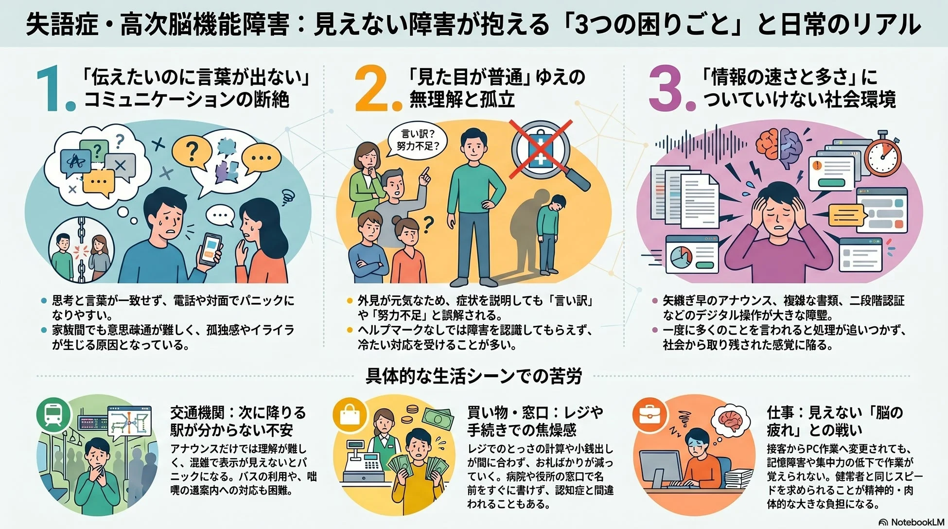 失語症・高次脳機能障害を持つ人々が直面する「見えない障害」による3つの困難と具体的な生活の苦労を解説するインフォグラフィック