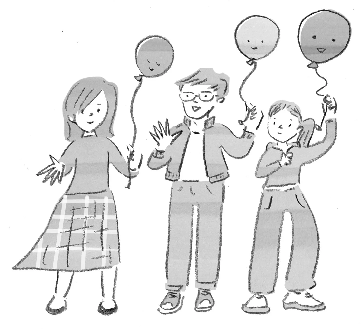 白黒のイラストで、3人の人物がそれぞれ顔の描かれた風船を持って笑顔で立っています。