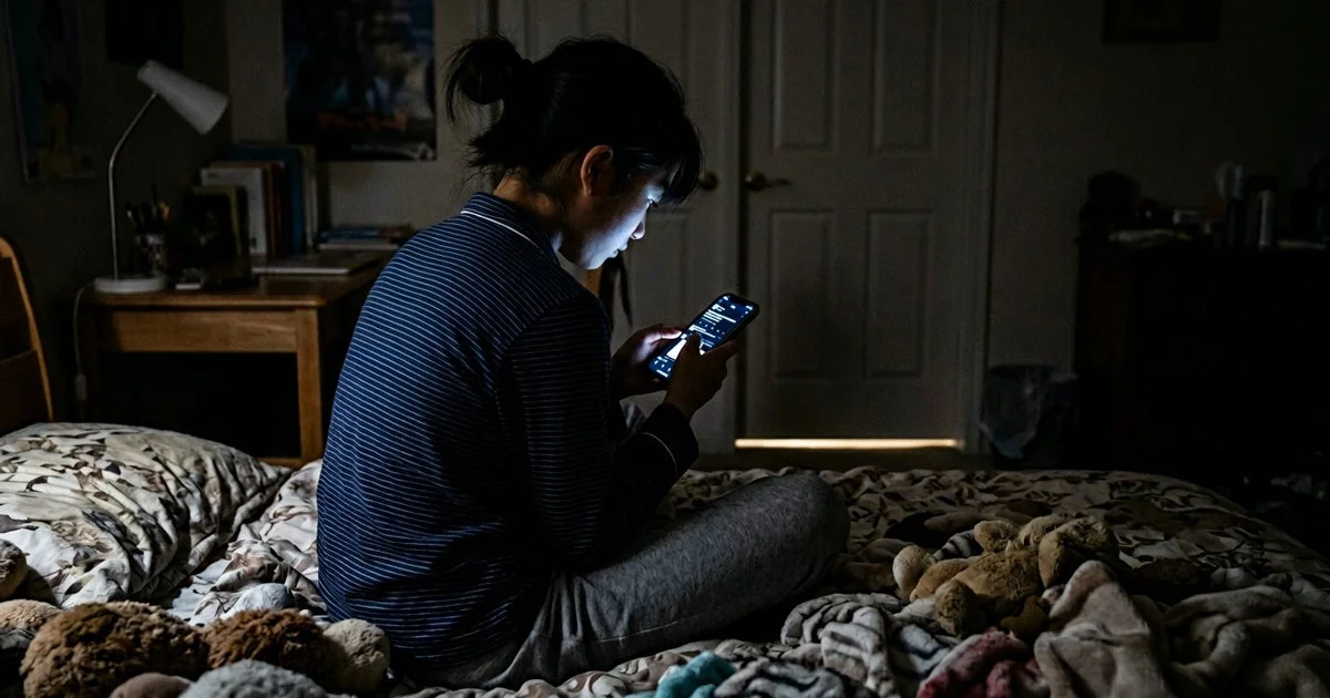 暗い部屋のベッドに座る若い女性が、スマートフォンの画面の光に照らされながら操作している様子