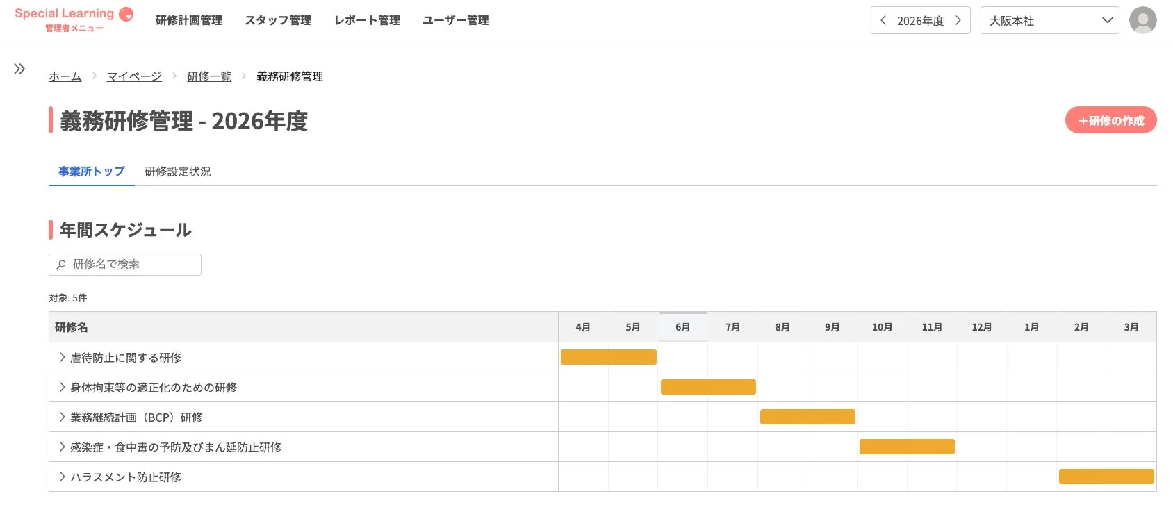義務研修の年間スケジュールを示す管理画面