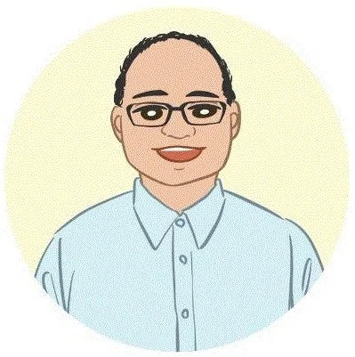 眼鏡をかけ、水色のシャツを着て笑顔を見せる男性のイラスト