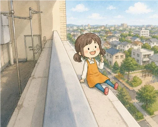 ベランダの手すりに座る女の子のイラスト