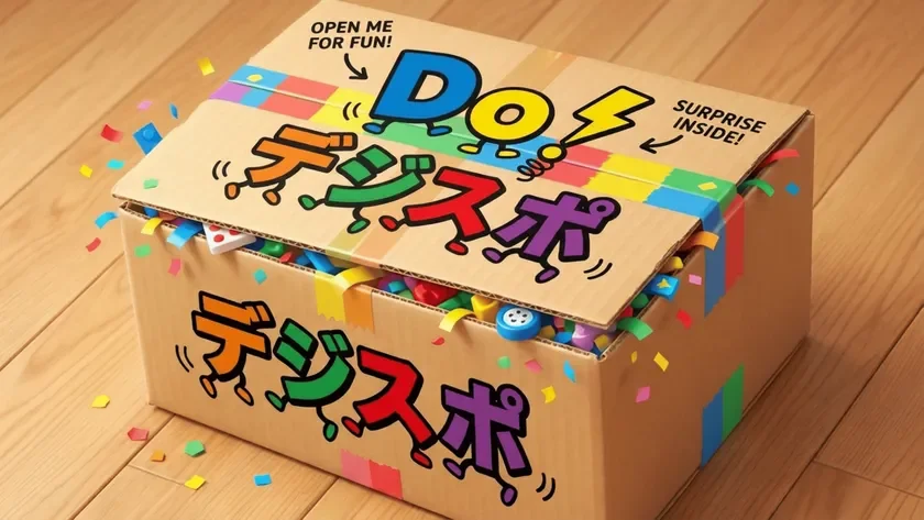 カラフルなテープと「Do! デジスポ」の文字が描かれた段ボール箱が、開いて中から色とりどりのおもちゃやブロックがこぼれ、紙吹雪が舞っている様子。開ける楽しさやサプライズを伝えるデザインです。