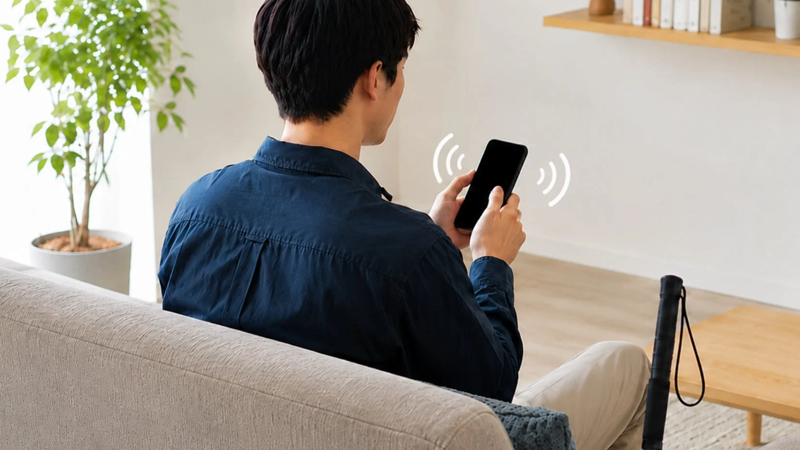スマートフォンを操作する男性の後ろ姿