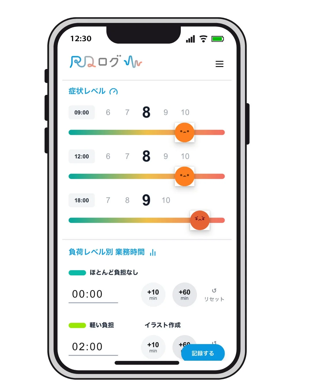 RDログの画面:症状レベルと業務時間の記録