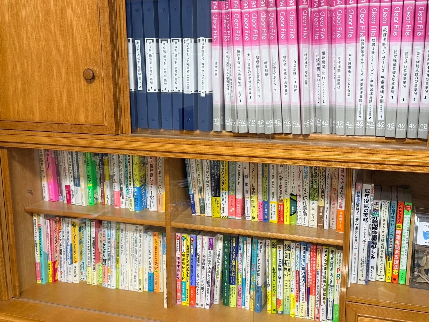 福祉、教育、発達障害、精神疾患に関する専門書や資料が並ぶ木製の書棚です。支援サービス、就労支援、通信制高校関連のファイルも多く、多様な社会福祉分野への深い関心と専門性が伺えます。