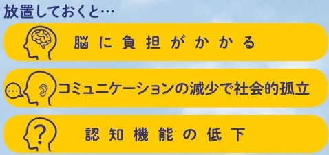 放置しておくと… 脳に負担がかかる コミュニケーションの減少で社会的孤立 認知機能の低下