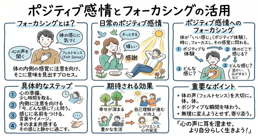 ポジティブ感情とフォーカシングの活用法を示す図