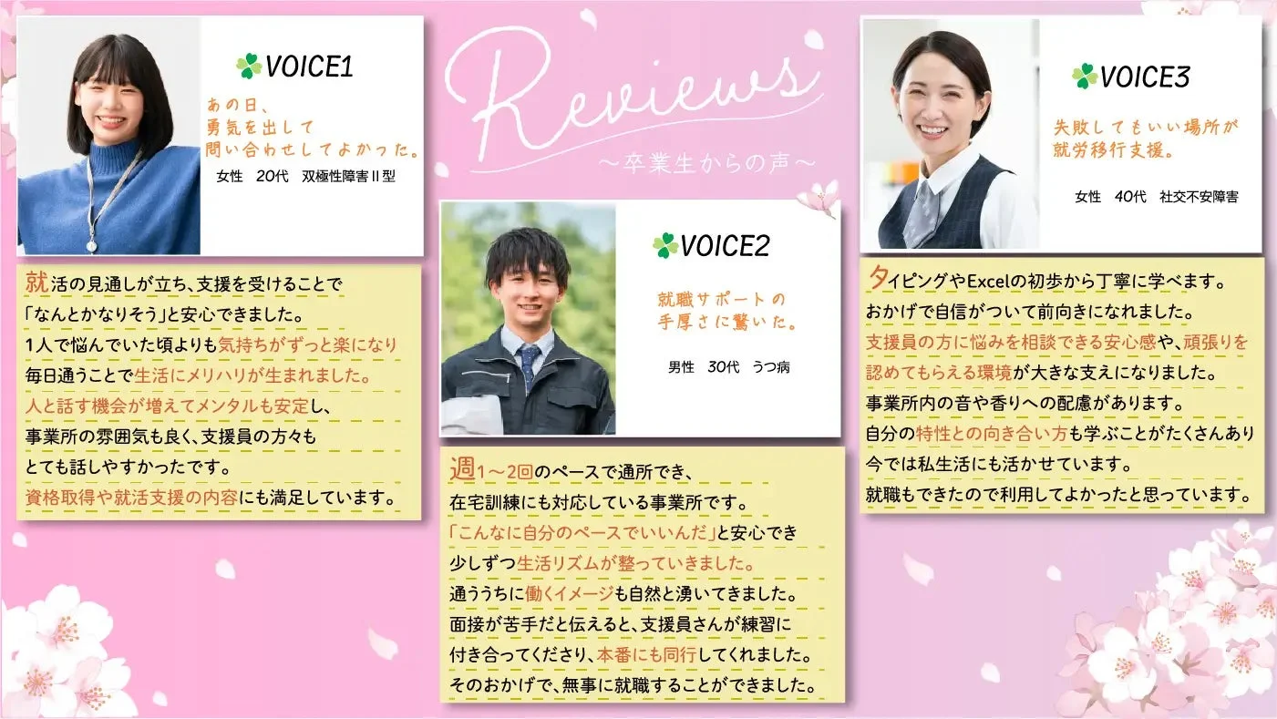 就労移行支援サービスの卒業生3名の声